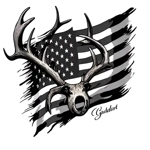 An American Flag Made Up Of Deer Antlers And Horseshoes