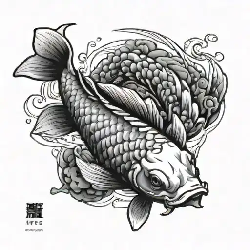 Koi Fish Black And White Tattoo Design Realism Style