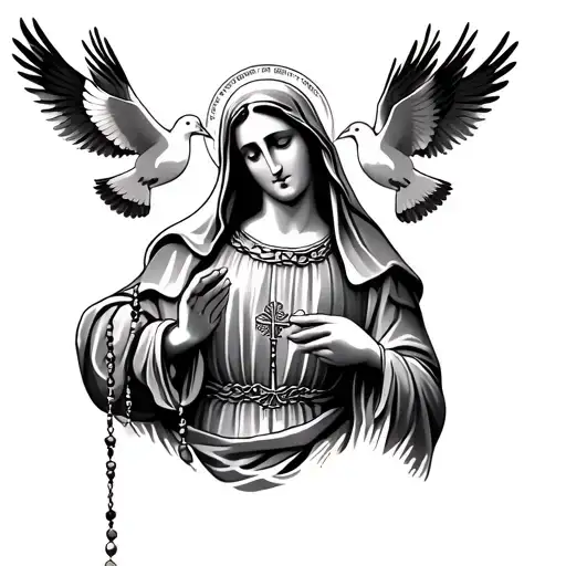 Mama Mary Holding Rosary With Doves Flying