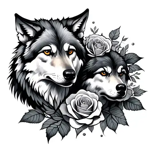 Wolf And Roses Intertwined