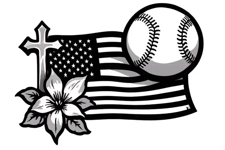 Baseball With American Flag And Cross And Flower