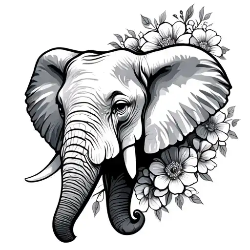 Elephant Head Black Line Drawing With Flowers Integrated Into The Ears And Some Of The Face
