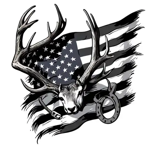 An American Flag Made Up Of Deer Antlers And Horseshoes