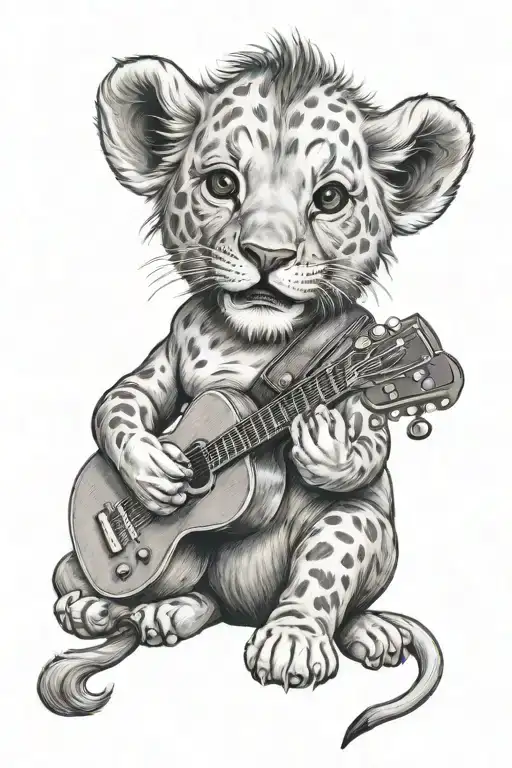 Baby Lion Playing A Guitar
