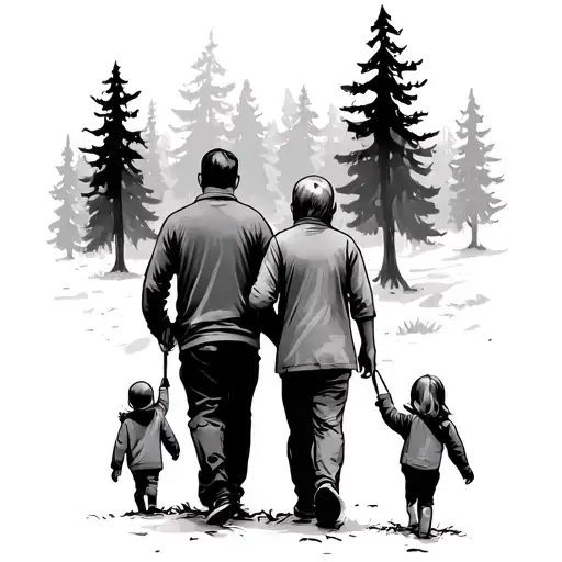 Farther And 3 Kids Walking In The Woods