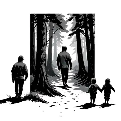 Farther And 3 Small Kids Walking In The Woods
