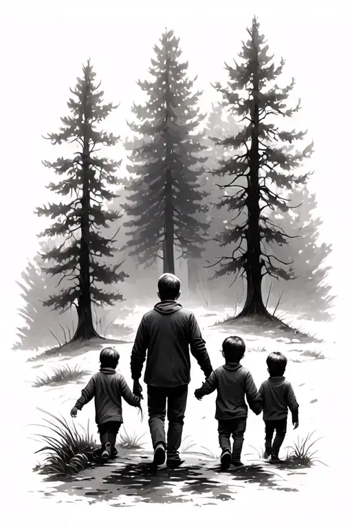 Farther And 3 Small Kids Walking In The Woods