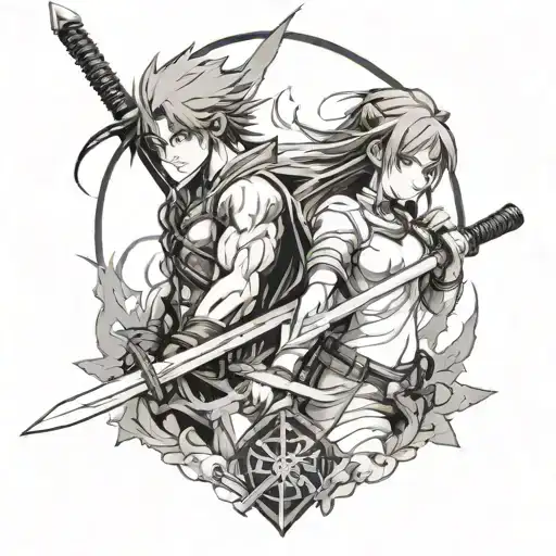 Brother And Sister Anime Characters Back To Back Holding Swords