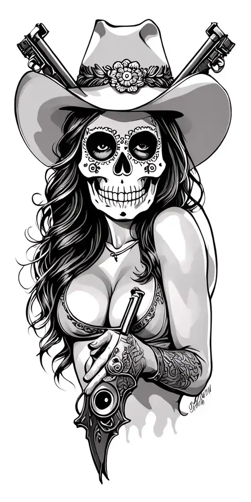 Sugar Skull Vaquero Woman With Guns