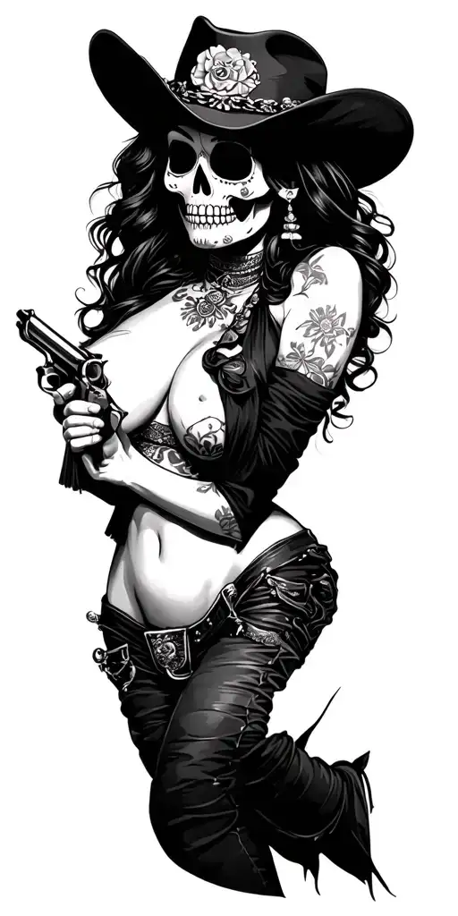 Sugar Skull Sexy Vaquero Woman Holding Six Shooters
