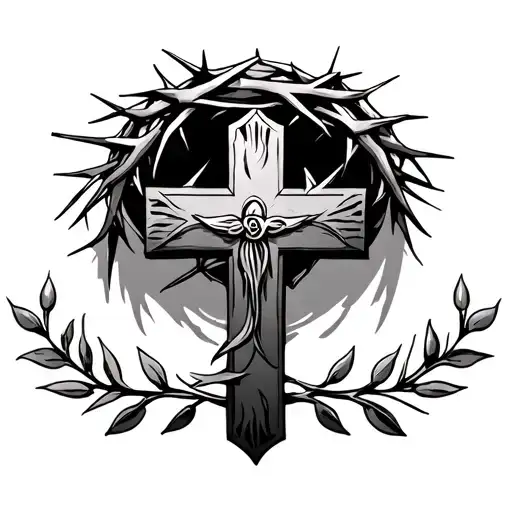 Cross With Crown Of Thorns And Two Olive Branches Below