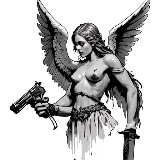 Angel Holding A Gun In One Hand And In Another Hand Holding Knife