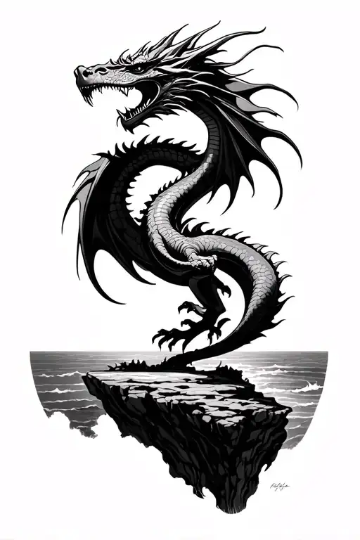 Dragon Looking Off Cliff Overlooking The Ocean