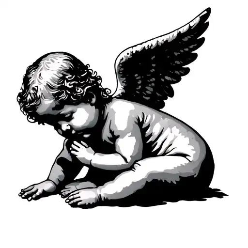 Full Body Baby Angel With Wings Slouched Down With Arms To Side As If It Was Laying Womb