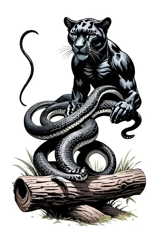 Snake And Black Panther Walking On Log