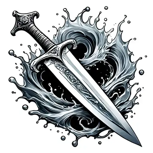 Longsword Tattoo With Water Splash And Swirl Around It