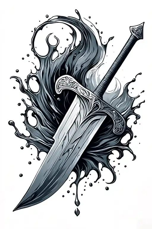 Longsword Tattoo With Water Splash And Swirl Around It