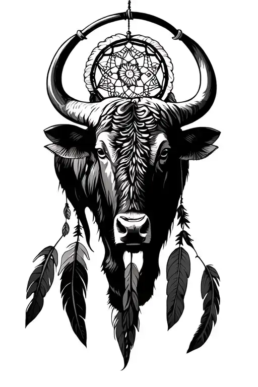 Black And White Buffalo With Dream Catcher Indigenous Inspired