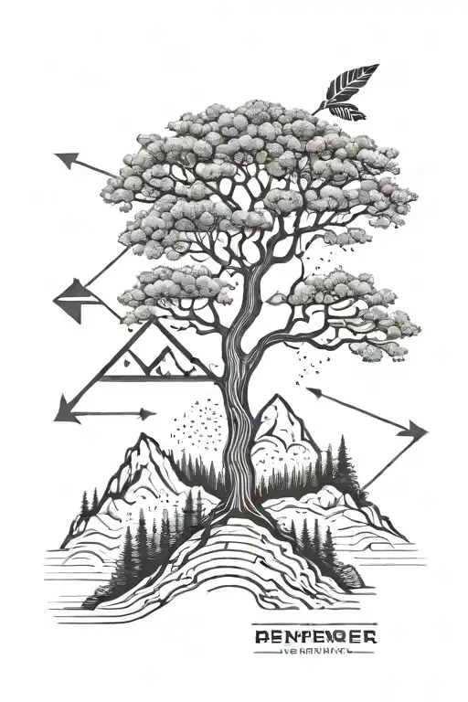 Fine Line Minimalist Shapes Of Mountain Tree And Arrow And 'Remember' In Morse Code Intertwined
