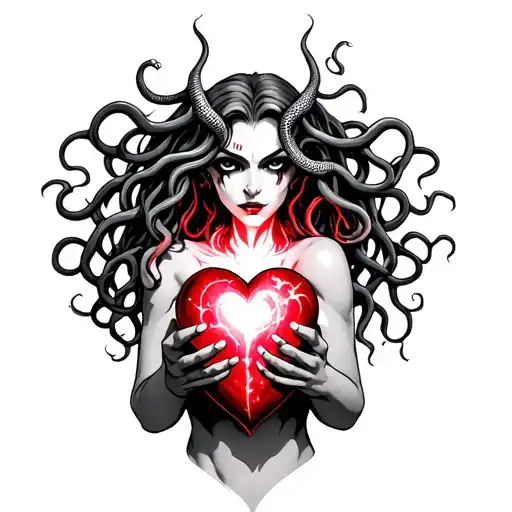 Evil Medusa Holding A Glowing Heart With Snakes Coming Out Looking At The Glowing Hearts