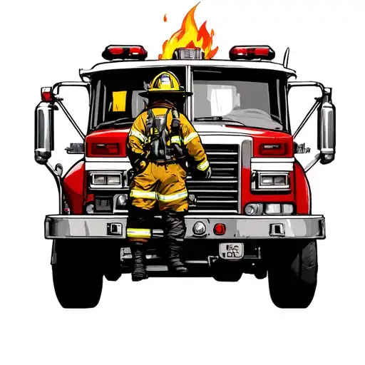 A Firefighter At The Engine On A Fire Sense With Fire In The Background