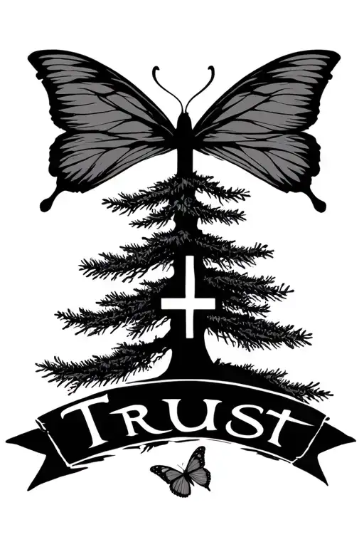 Pine Tree And The Little Cross And Butterfly And Word Trust