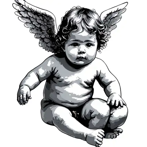 A Baby Angel With Wings And Arms Down To Its Side And Oriented To The Left