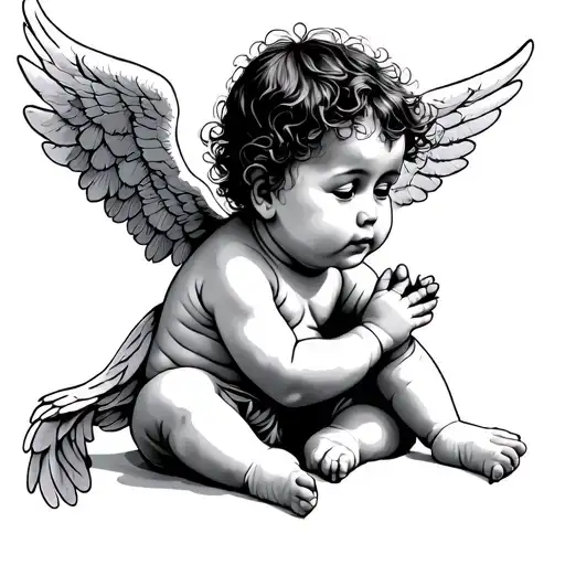 A Baby Angel With Wings And Arms Down To Its Side Looking And Oriented To The Left