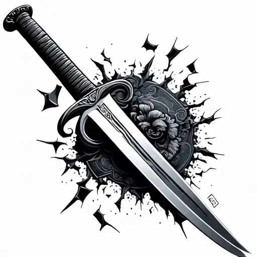 Katana With A Broken Blade In Fragments In An Engraving Style