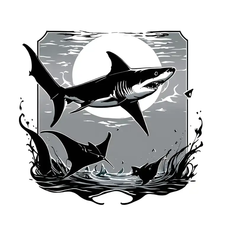 Shark And Manta Ray Silhouette Surrounded By Water