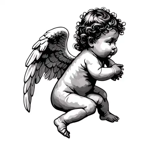 A Baby Angel With Wings Leaning Back With Arms Down To Its Side Looking And Oriented To The Left