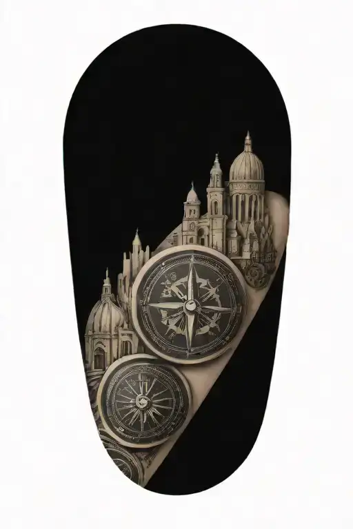 Travel Inspired Tattoo With Blended Edges Featuring Compass And Italian Inspired Buildings