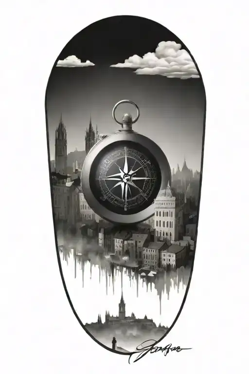 Travel Inspired Tattoo With Blended Edges Featuring Compass And Italian Inspired Buildings