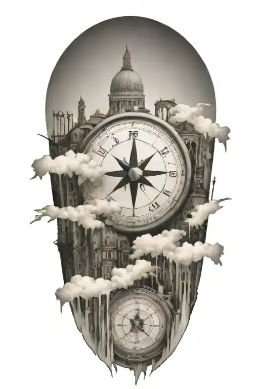 Travel Inspired Tattoo With Faded Edges Featuring Compass And Italian Inspired Buildings