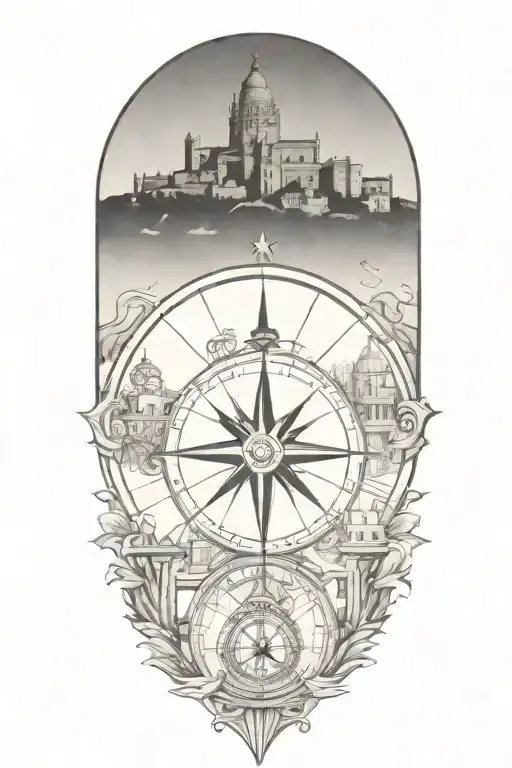 Travel Inspired Tattoo With Faded Edges Featuring Compass And Italian Inspired Buildings
