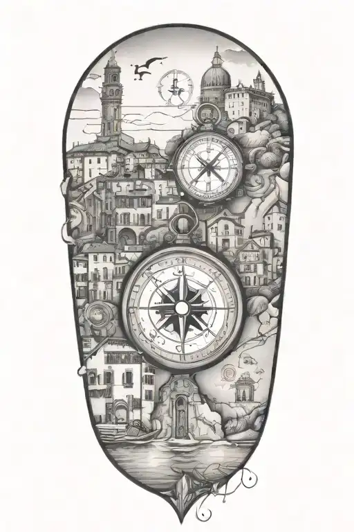Travel Inspired Tattoo With Faded Edges Featuring Compass And Italian Inspired Buildings