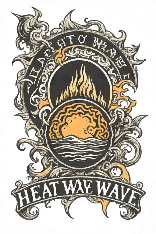A Yello Sun With The Words Heat Wave Vertically Below It With Orange Flames