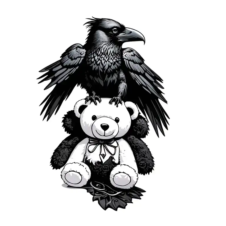 Gothic Raven Sitting On Top Of A Voodoo Teddy Bear