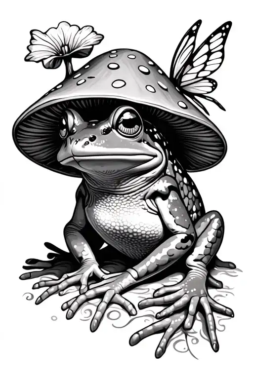 Frog With A Mushroom Hat And A Fairy On Its Head