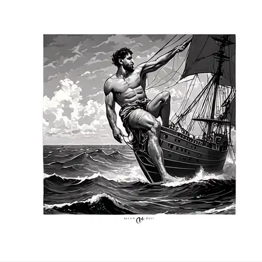 Tatto Design Of A Man Hangigng Down From A Ship To Sea