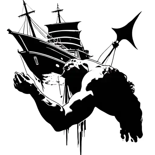 Tatto Design Of A Man Hangigng Down From A Ship To Sea Minimal