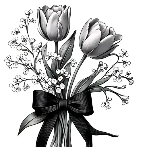 Linework Tulips And Baby Breath Flowers's Tide With A Bow