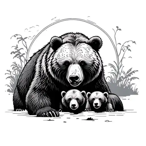 Viscous Male Bear Protecting Moma Brar And Baby Bear