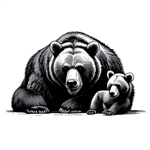 Viscous Male Bear Protecting Moma Brar And Baby Bear