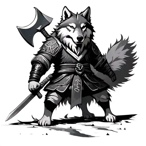 Wolf Standing In Ronin's Outfit With A Long Ax With A Double -Edged Sword