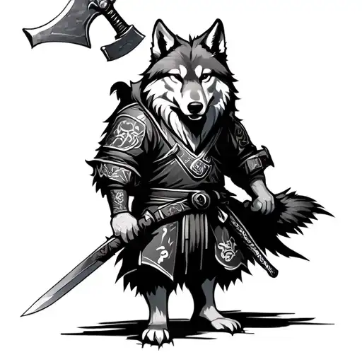 Wolf Standing In Ronin's Outfit With A Long Ax With A Double -Edged Sword