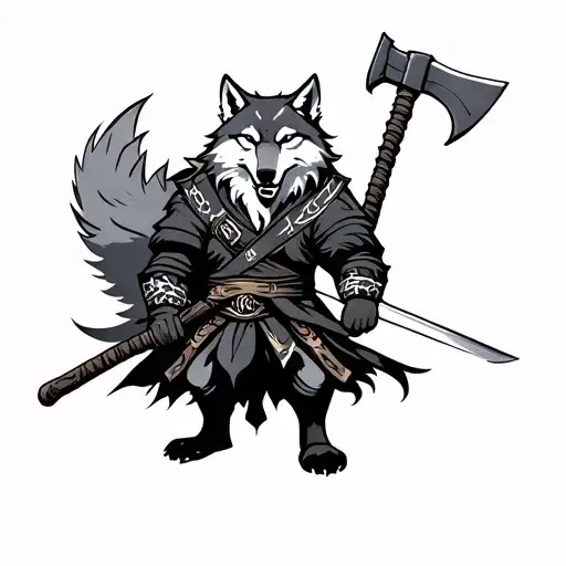 Wolf Standing In Ronin's Outfit With A Long Ax With A Double -Edged Sword