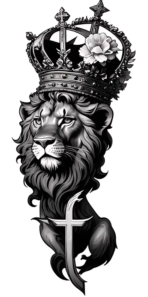 Small Lion Wearing A Crown With A Cross And Flowers