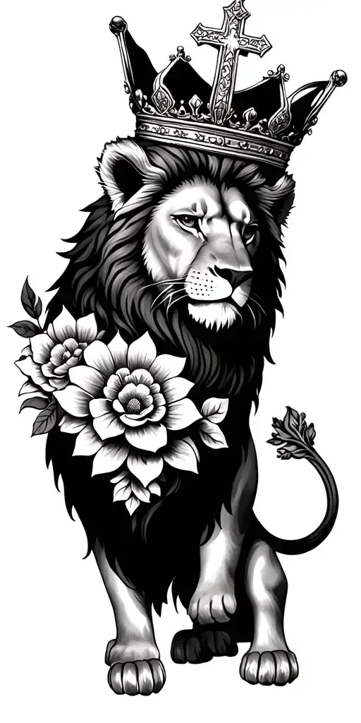 Small Lion Wearing A Crown With A Cross And Flowers