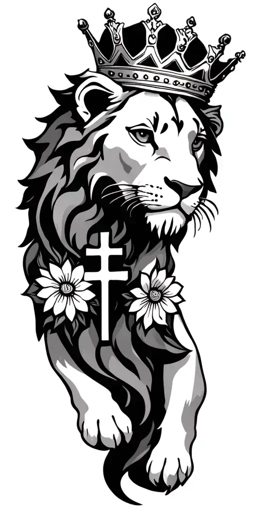 Small Lion Wearing A Crown With A Cross And Flowers